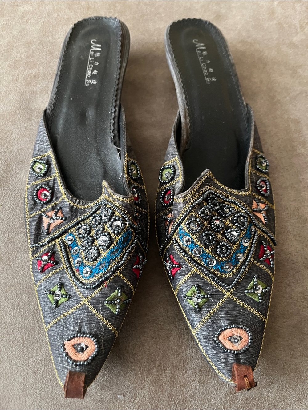 Embroidered Pointed Mules in Multicolor by